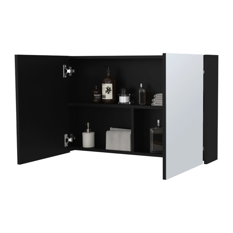 Armoire de rangement moderne pour salle de bain noire avec portes en miroir et 3 tablettes à 2 portes, Noir