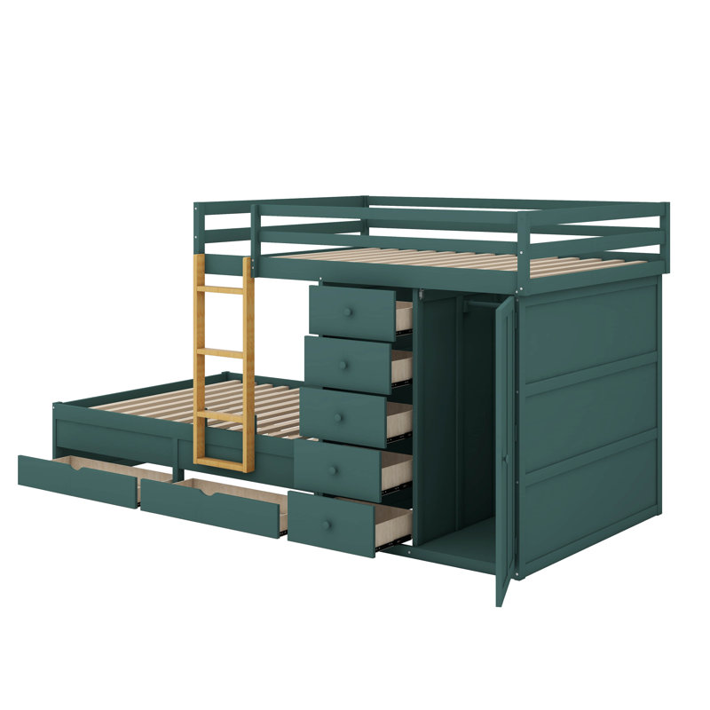 Lit superposé double en bois avec 2 grands tiroirs, 5 petits tiroirs, une armoire compacte, une échelle et des barrières de sécurité