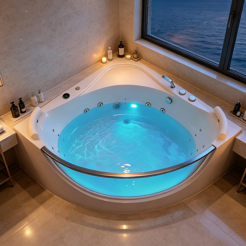 2 Person Corner Jetted Whirlpool Bathtub with Heater LED Light Acrylic Soaking Tub