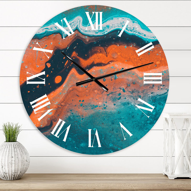 Composition abstraite de marbre en bleu et orange VI - horloge murale moderne, Petit