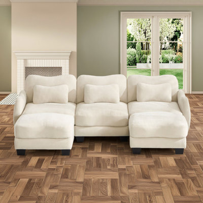 Canapé d'angle modulaire 3 places en chenille en forme de U avec poufs et coussins