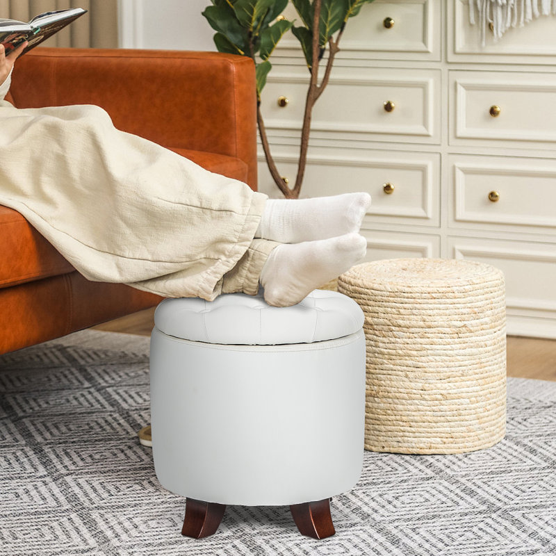 Storage Ottoman With Padded Seat, Modern PU Leather Footrest, Round Stool For Living Room Bedroom, White