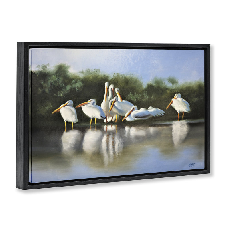 «White Pelicans Flock», toile encadrée dorée par D. Rust, Cadre flottant noir de jais, H 21 po x l 31 po