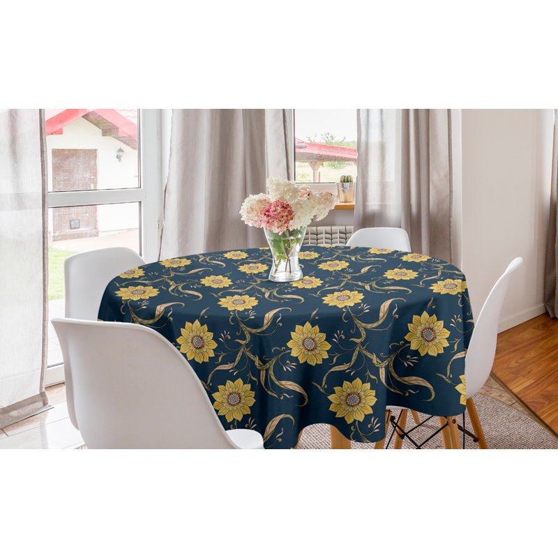 Ambesonne Sunflower Round Tablecloth, Helianthus Floral Wild Pointy Petals Repetitive Print, Circle Table Cloth Cover For Dining Room Kitchen Decoration, 60", Dark Sky Blue Mustard