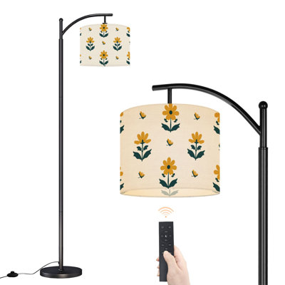 Arc Floor Lamp Vintage Floral Yellow Daisies Green Leaves Cream Floor Lamps with Remote LED Lights Adjustable Lamp Shades Tall Standing Lamps for Reading Office Living Room