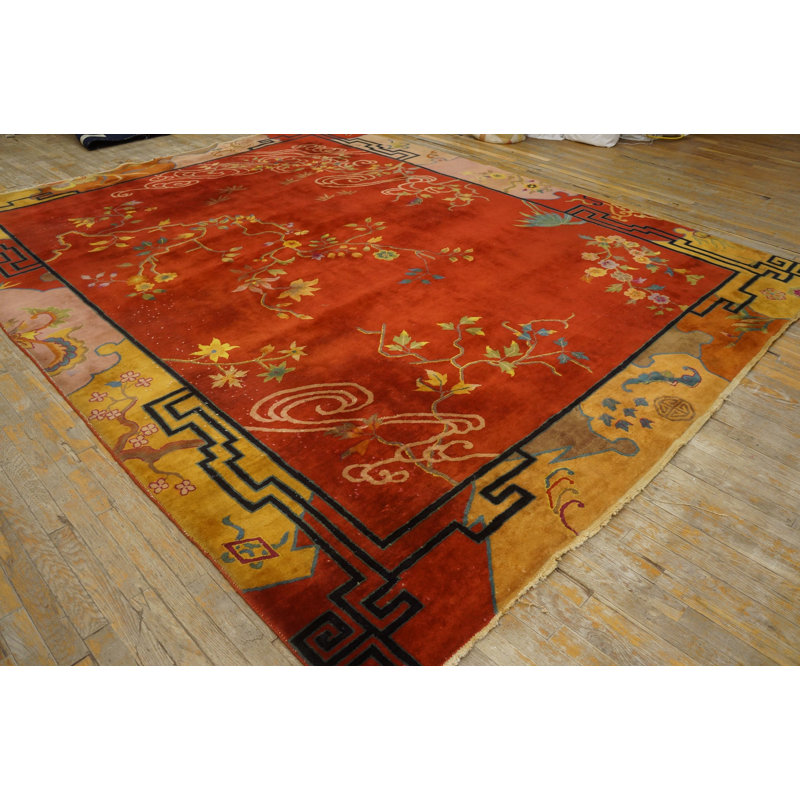 Antique Art Deco Room Size Wool Orange, Red / Rust Rug