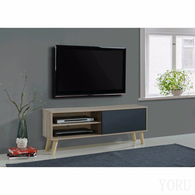 Meuble télé contemporain 47 po en imitation bois, pour téléviseurs jusqu'à 50-55 po, 2 étagères et un espace de rangement, naturel/gris