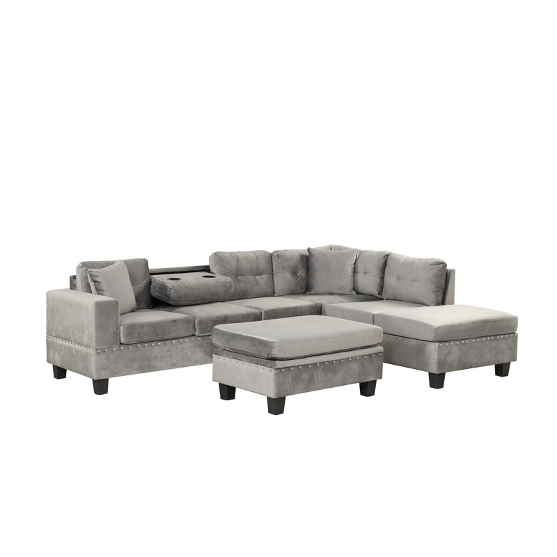 Canapé modulaire moderne avec repose-pieds avec rangement, canapé en L avec 2 coussins et porte-gobelet, canapé modulaire avec méridienne réversible pour le salon
