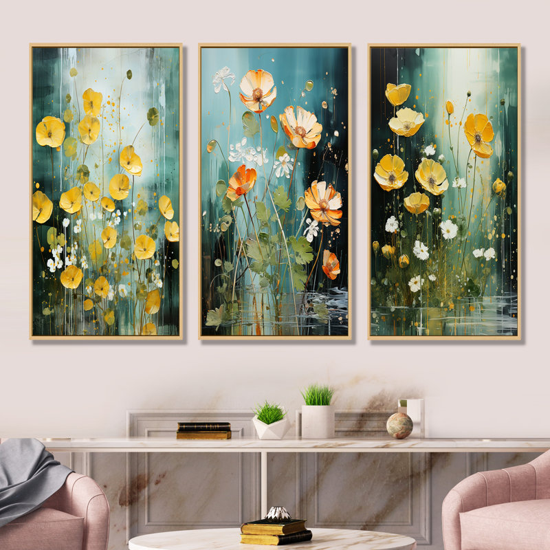 Ensemble de 3 impressions sur toile jaune avec bouton d'or jaune Sunny Beauty, Cadre flottant brun, H 28 po x l 36 po