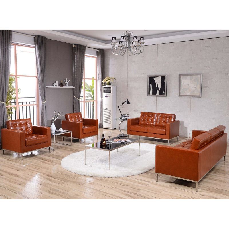 Amjed Contemporary Button Tufted Leather Loveseat w/ Steel Frame, Cognac