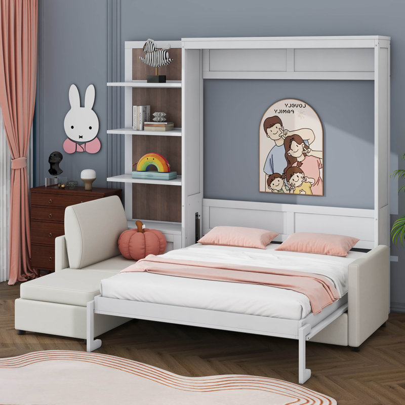 Grand lit escamotable avec canapé et tablettes, Blanc