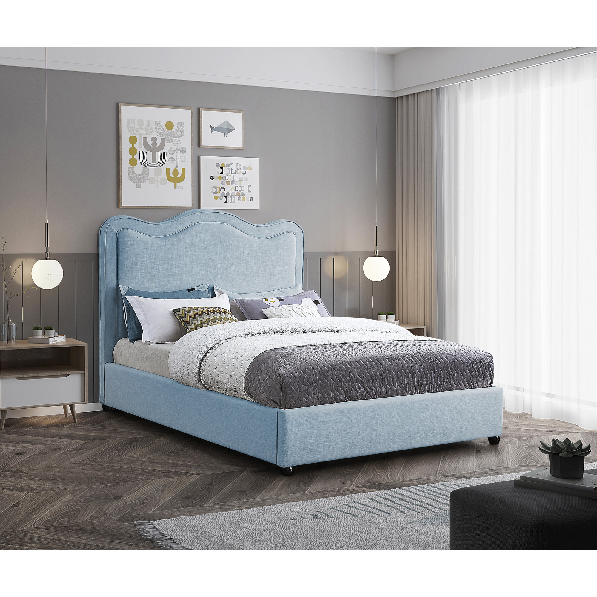 Upholstered Scalloped Bed, Full/Double, Light Blue Performance Linen