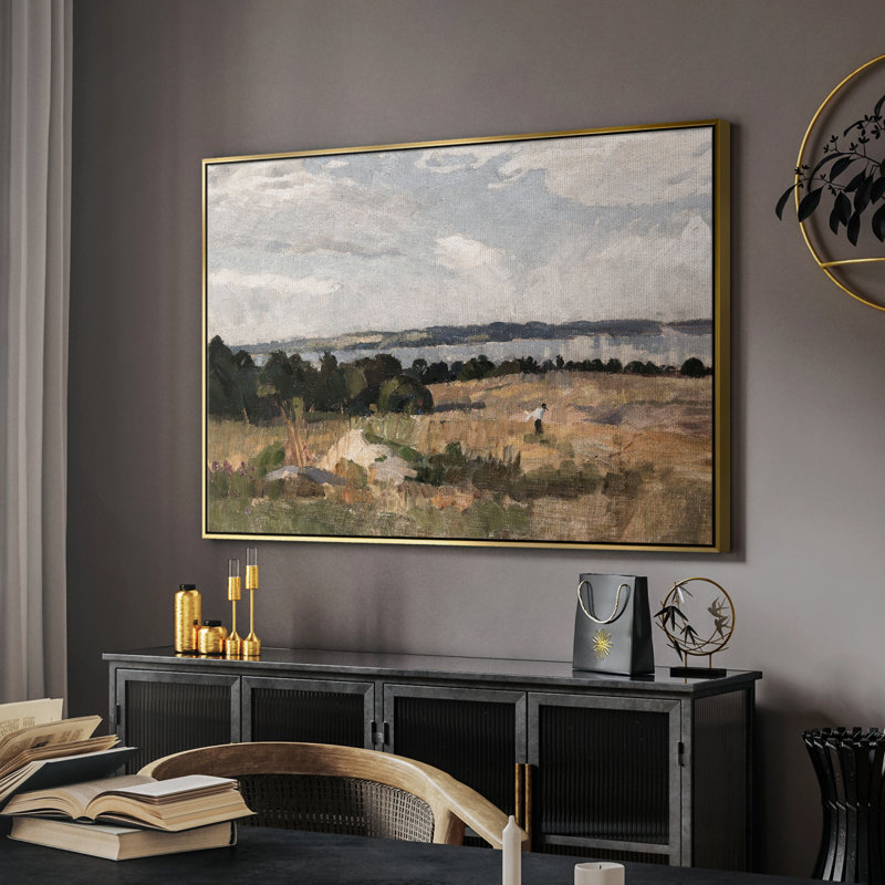 Paysage rétro - CMXLII, Toile avec cadre flottant or, H 17 po x l 25 po x P 2 po