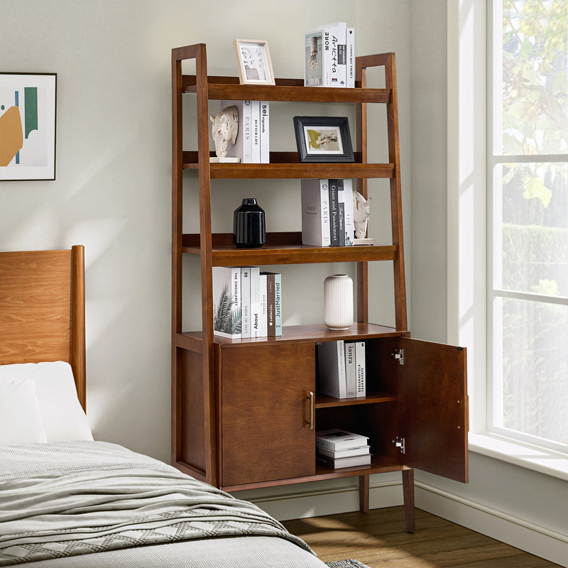 Angelith 36"W Ladder Storage Shelf Bookcase with Solid Wood Legs, Walnut