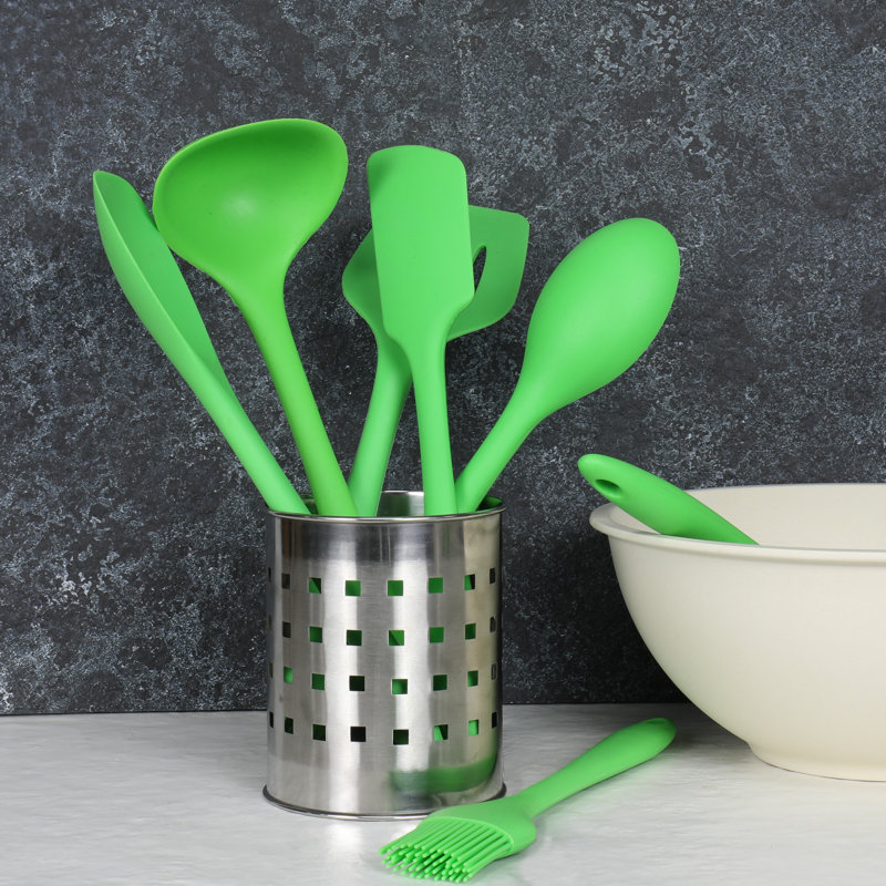 Green 7-Piece Silicone Kitchen Utensil Set with Stainless Steel Core