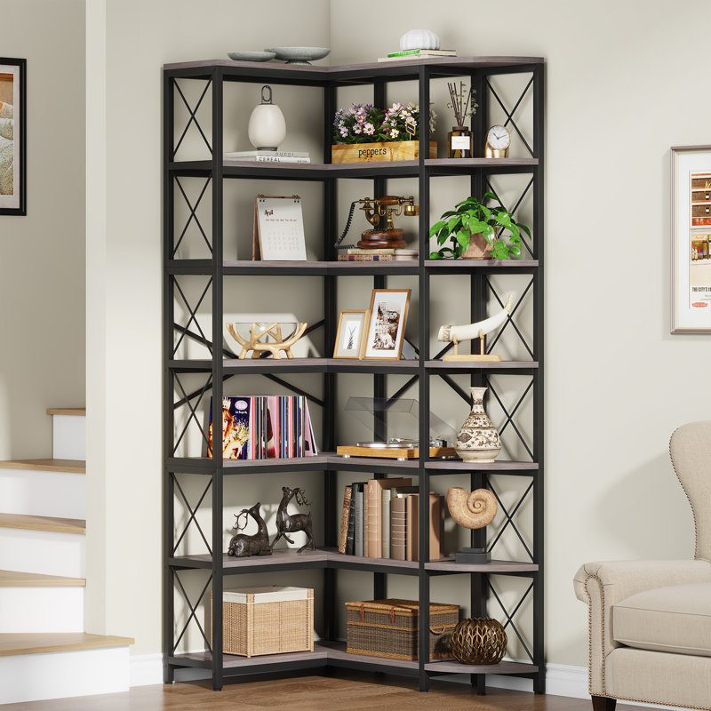 Kelsch Reversible Corner Bookcase, L-Shaped Bookshelf, Grey