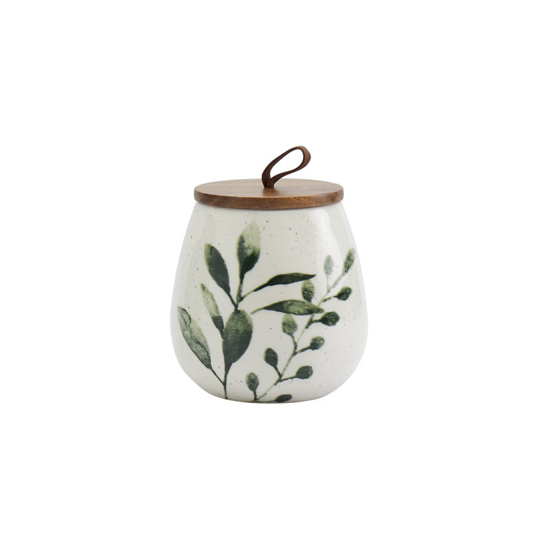 Green Leaf Ceramic Canister Set with Acacia Wood Lids