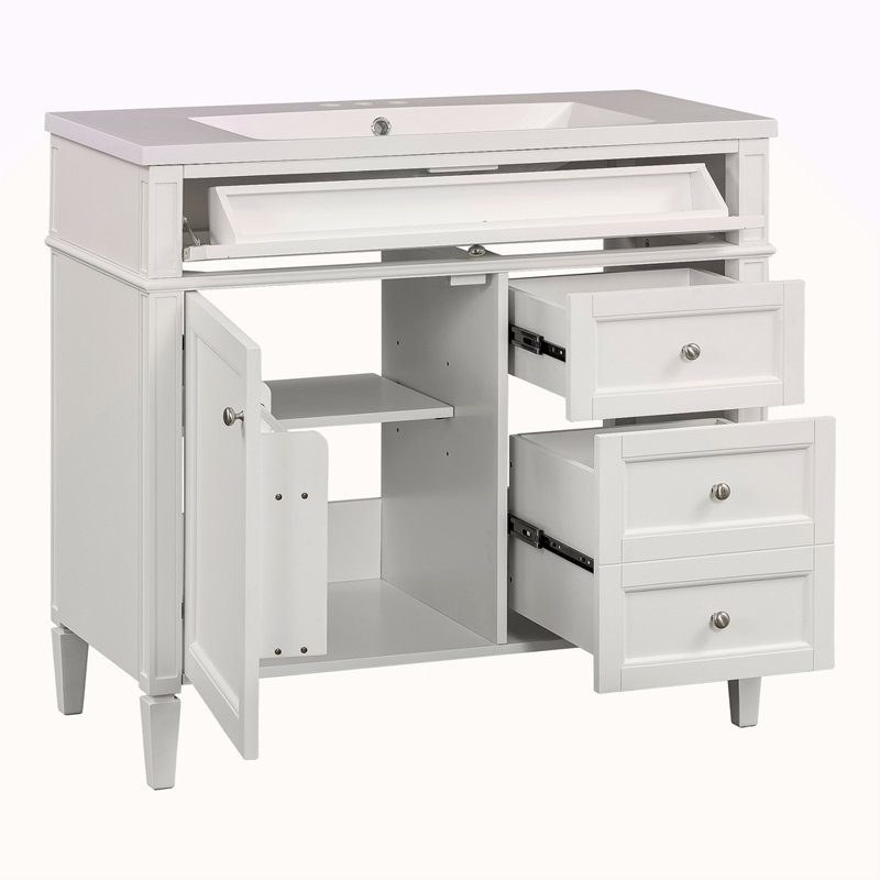 Meuble-lavabo de 36 po avec lavabo supérieur, armoire de rangement moderne avec miroir, 2 tiroirs et un tiroir basculant, armoire-miroir avec 6 tablettes ouvertes, meuble-lavabo simple