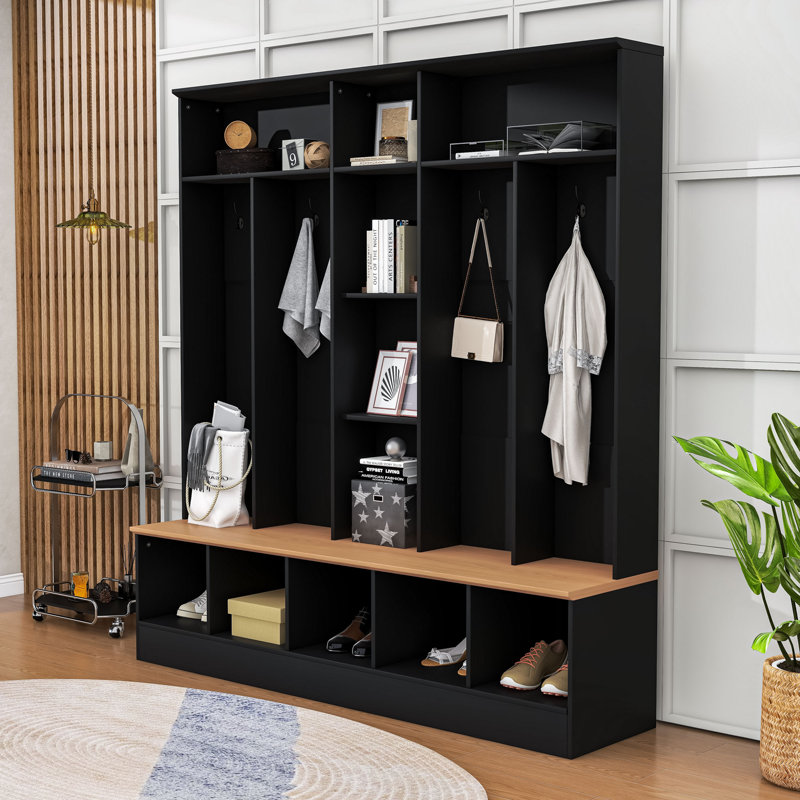 Contemporary Entryway Organizer – Multi-Functional Hall Tree with Hooks, Storage, Black