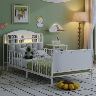 Structure de lit plateforme en métal pour chambre d'enfant, blanc éclatant avec lumière DEL et tête de lit tapissier avec rangement