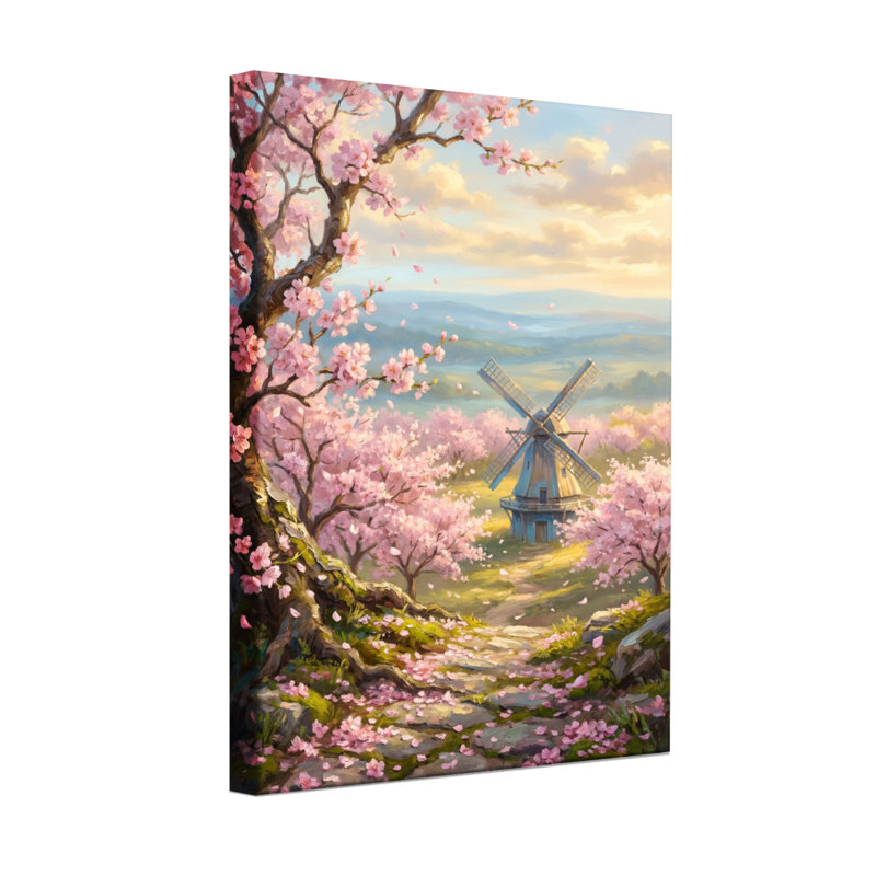 Plantes et fleurs Cherry Blossom Windmill Spring Landscape Path Sky Trees Flowers, H 36 po x l 24 po