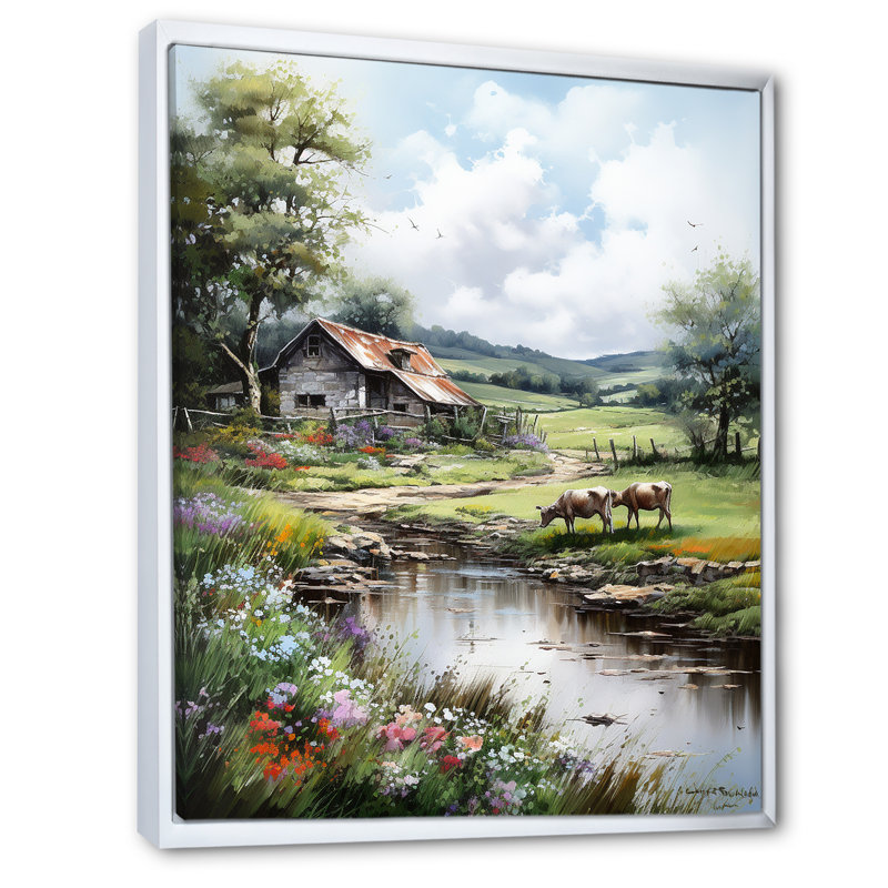 «Relaxing Farm Charm» - Art mural ferme, H 32 po x l 16 po x P 1 po, Cadre flottant blanc