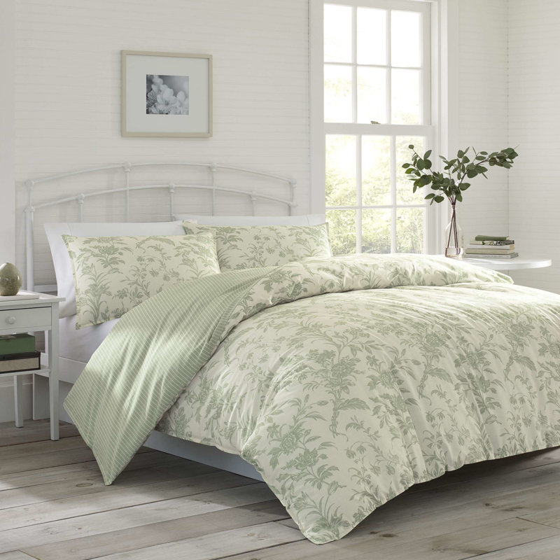 Laura Ashley Natalie Green Cotton Duvet Cover Set, Twin Duvet Cover + 1 Standard Sham