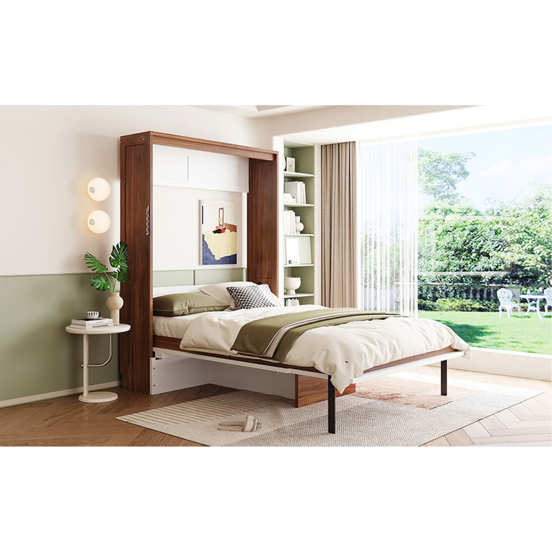 Lit escamotable pleine grandeur avec fonction bureau, style noyer et blanc, idéal pour les espaces urbains contemporains, bureau pliable avec cadre en bois massif, conception, zones à haute densité convenables,
