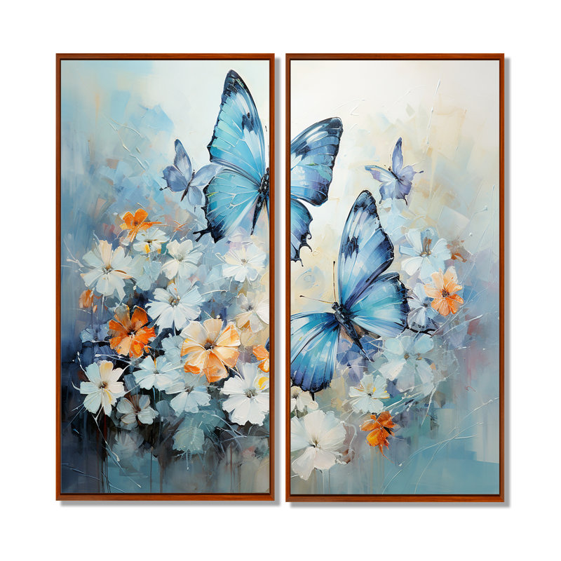«Blue White Butterfly Symphony», ensemble d'art mural bleu, H 20 po x l 24 po, Reproduction encadrée sans passe-partout, Brun