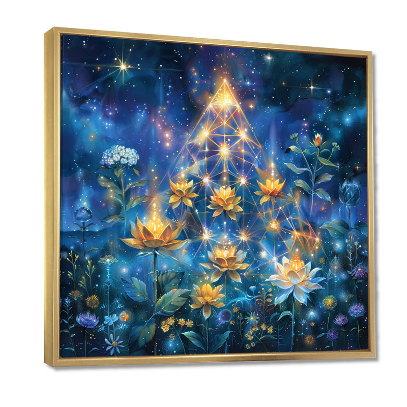 «Blossoming Lotus Flowers Sparkling Magical Night - Autre plante et fleurs», art mural, Cadre flottant doré, bois massif