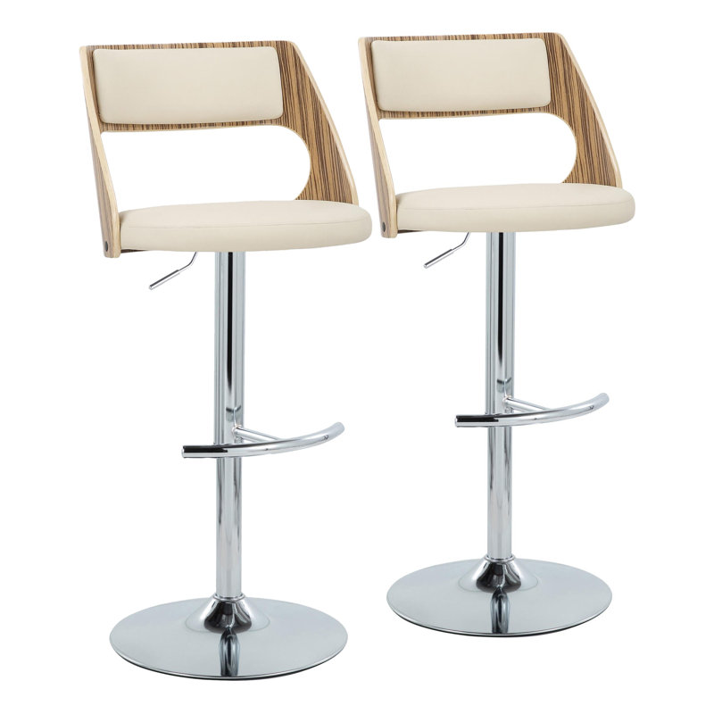 Tabourets de bar réglables Ciaran avec repose-pieds arrondi en T, Crème, crème, Chrome / zèbre