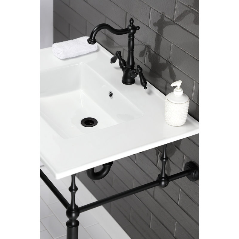 Kingston Brass Heritage Two-Handle 1-or-3 Hole Deck Mount Bathroom Faucet with Brass Pop-Up, Matte Black