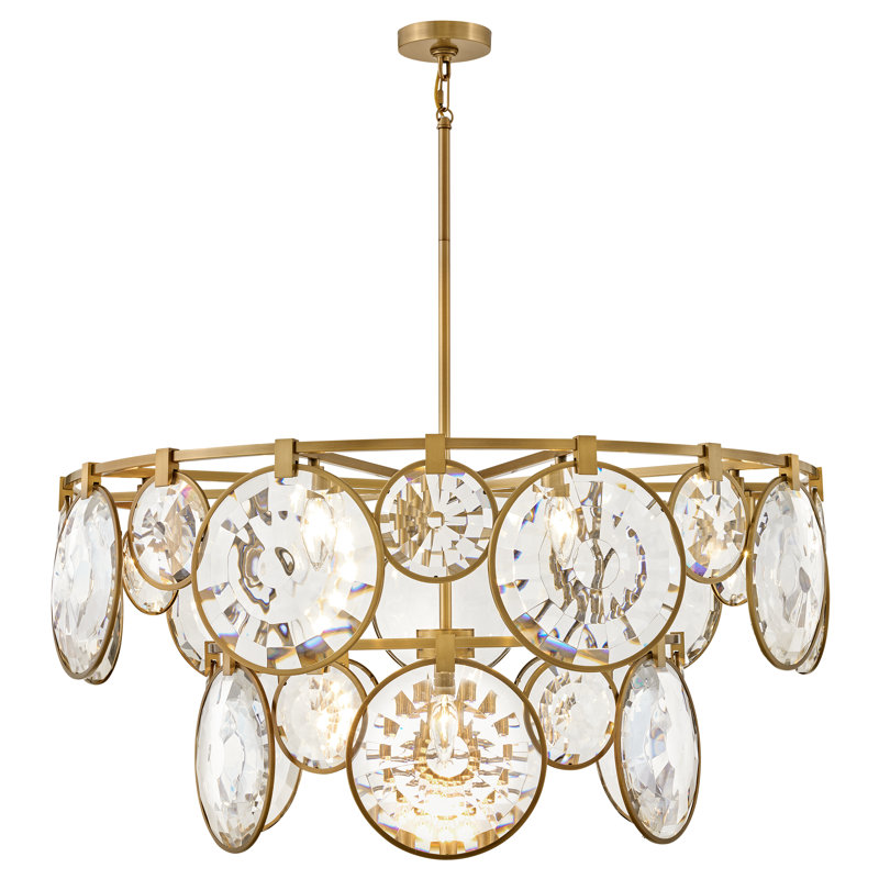 Nala 15-Light Two-Tier Drum Chandelier w/ Multi-Faceted Optic Crystal Glass, Heritage Brass