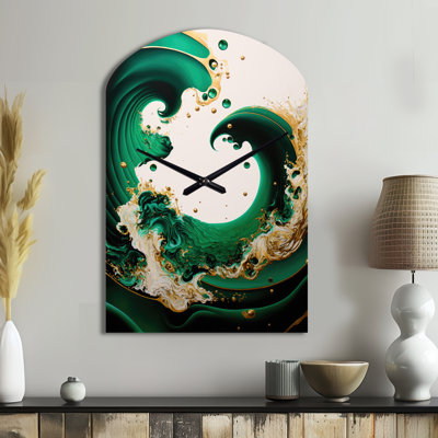Emeraude verte et or abstrait vagues I - horloge murale en spirale abstraite, horloge murale asymétrique moderne