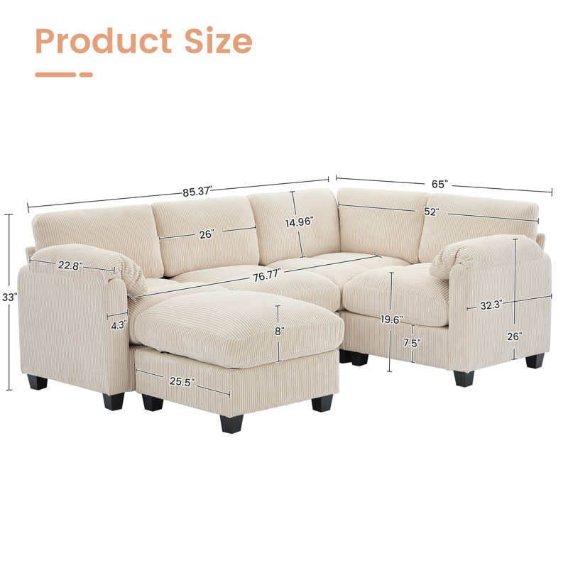 5 - Piece Reversible Modular Corner Sectional With Ottoman, Beige Corduroy
