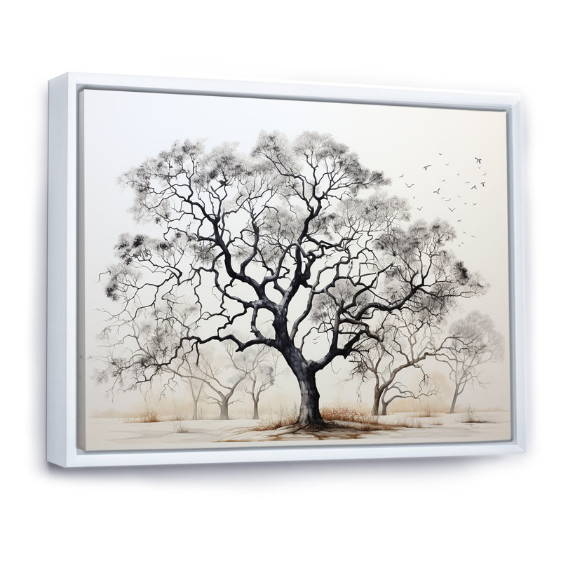 Minimalisme, arbres en chêne noir et blanc III sur toile, Cadre flottant blanc, H 34 po x l 44 po x P 1,5 po