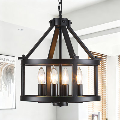 4-Light 13.7 in. Dimmable Round Cage Lantern Chandelier Farmhouse Industrial Metal Chandelier Candle Ceiling Light Fixture for Dining Room, Foyer, Kitchen Island