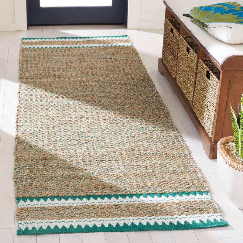 Janellie Natural Fiber Hand Woven Jute/Wool Solid Color Rug in Brown/Green, Runner 2'6" x 8'
