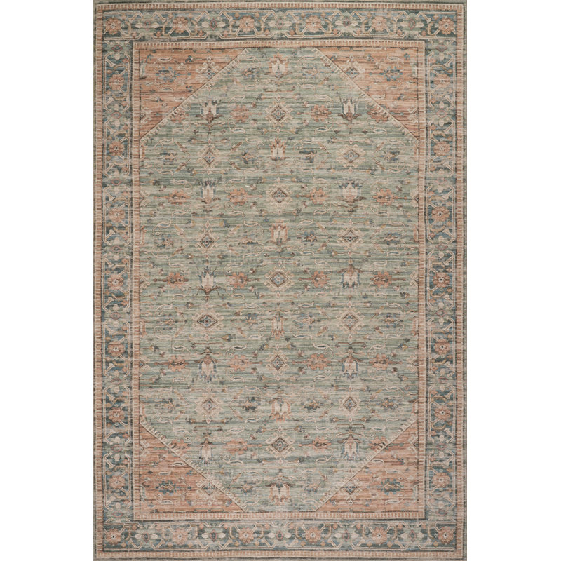 Tapis traditionnel à bordure Nysera, Rectangulaire 7 pi 10 po x 10 pi, Bleu / Vert