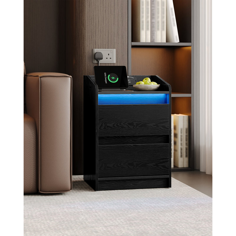 Bedside Table Set of 2 with LED Lights, Bedside Cabinet with Charging Station and 2 Drawers, Nightstand with USB Ports & Power Outlet for Living Room and Bedroom 