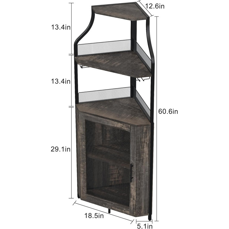 Armoire à vin de coin avec support amovible, porte de grange, tablette réglable, armoire à porte grillagée, brun