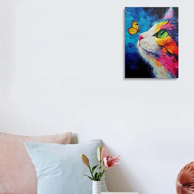 40*30,Cat And Butterfly Canvas Wall Art Framed Print Painting Vibrant Animal Wall Decor Artwork Poster Whimsical Textured.