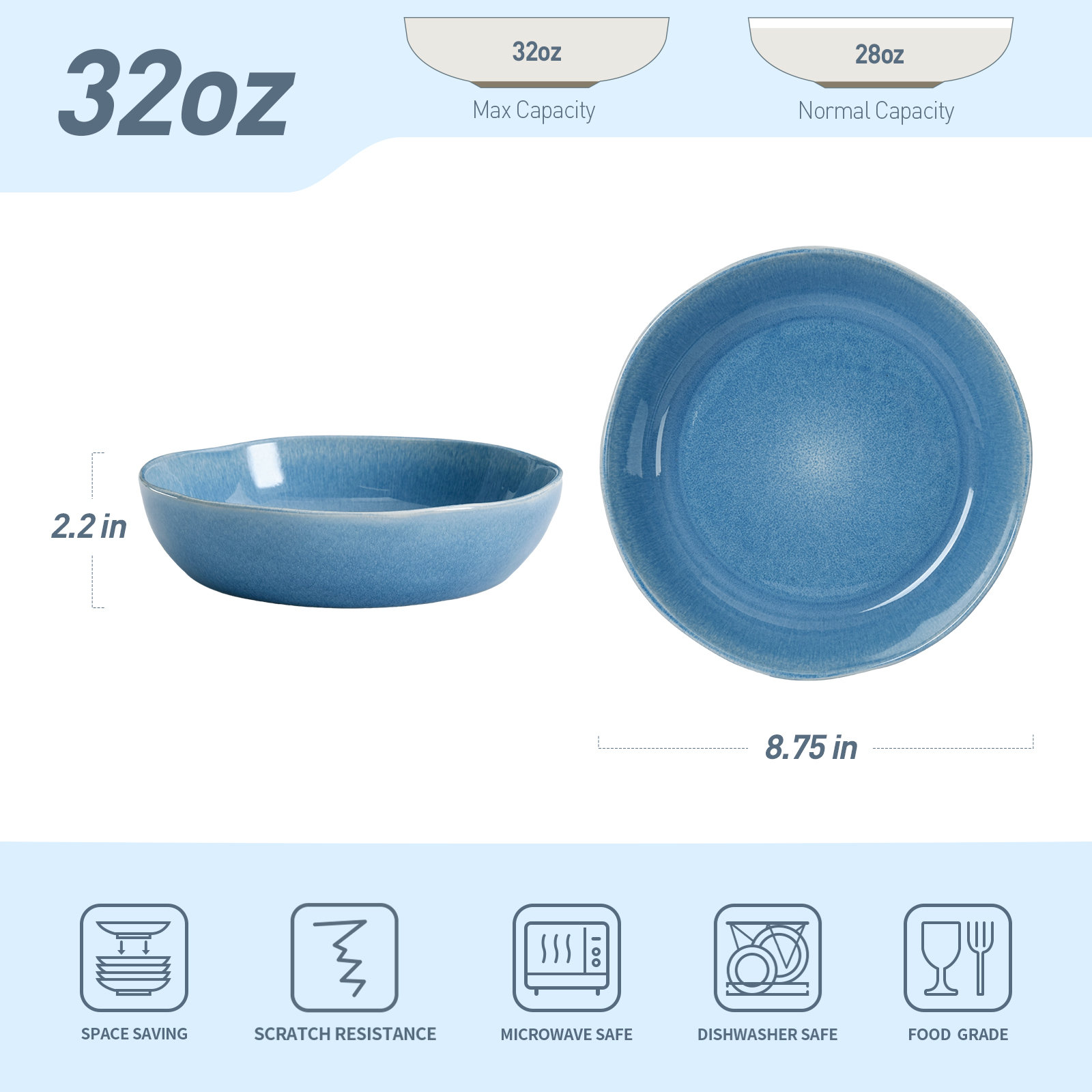 Isobel Stoneware 32 Oz Pasta Bowl (Set Of 4), Lagoon Blue