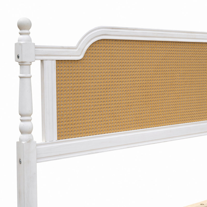 Structure de lit en rotin de style traditionnel, aucun sommier nécessaire, Blanc antique
