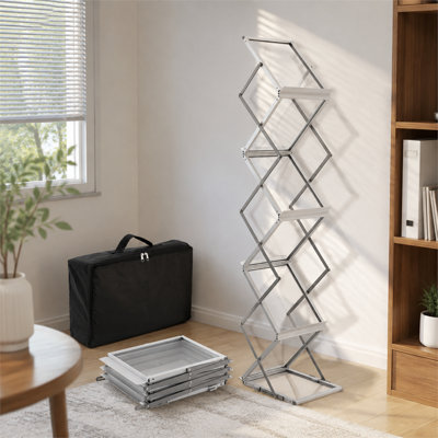Présentoir à magazines pliable double face en alliage d'aluminium argenté à 6 poches, portable, pour expositions/hôtels.