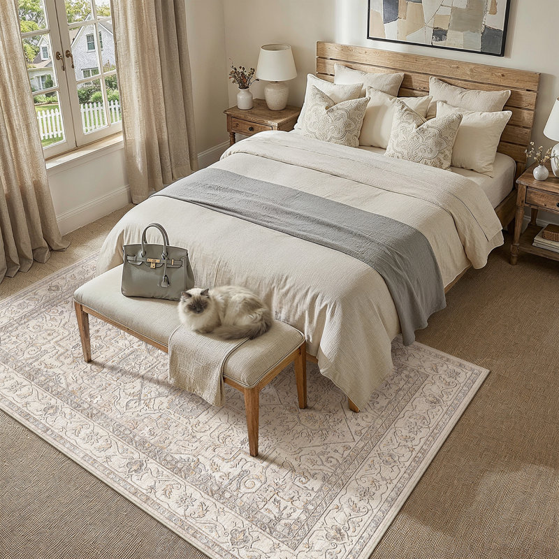 Emery Traditional Oriental Washable Area Rug With Non-Slip Backing, Rectangle 6' x 9', Beige