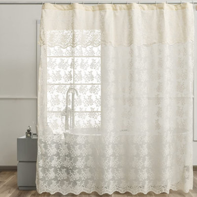Ivory Lace Shower Curtain - Shabby Chic Flower Shower Curtain With Attached Valance, Luxury Lace Curtain For Bathroom, Farmhouse Shower Curtains, 72 X 72 Inch, Light Beige