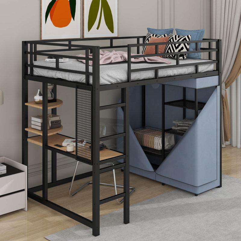 Lit mezzanine double en métal avec bureau, tablettes, prise de courant, lumière DEL et garde-robe, Lit double, Noir