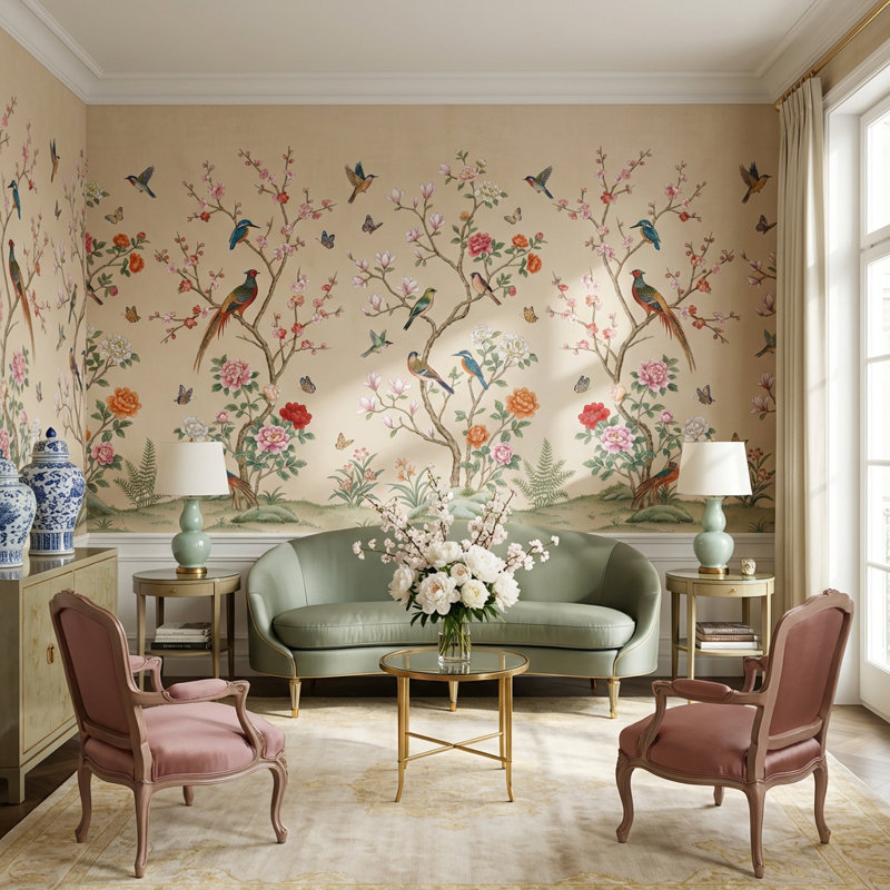 Papier peint floral Chinoiserie Nature, 200 po x 120 po, Peler et coller