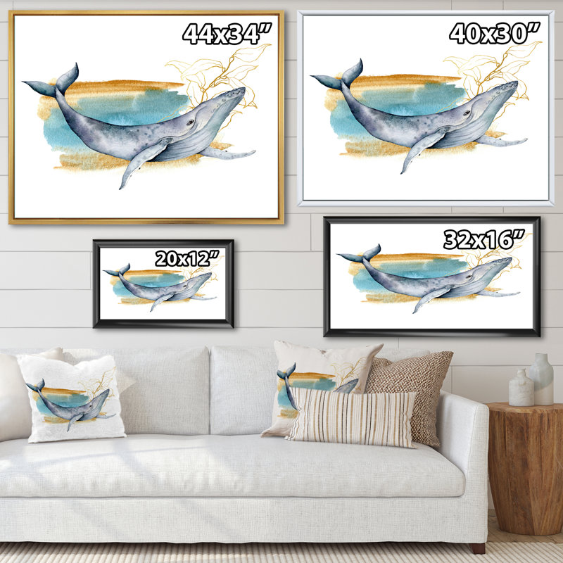 Baleine bleue sur fond blanc - Peinture sur toile, H 34 po x l 44 po x P 1,5 po, Cadre flottant en érable
